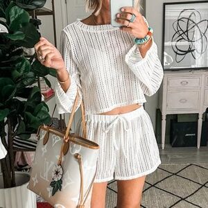 White Crochet Cover-Up Set | Long Sleeve Crop Top & Shorts Size XS